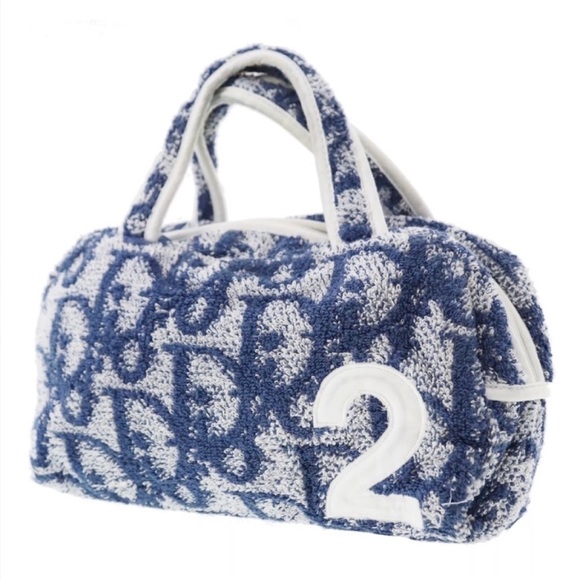 DIOR Blue Terry Cloth Bag Trotter Monogram Diorissimo Boston Cosmetic Pouch - Picture 2 of 16